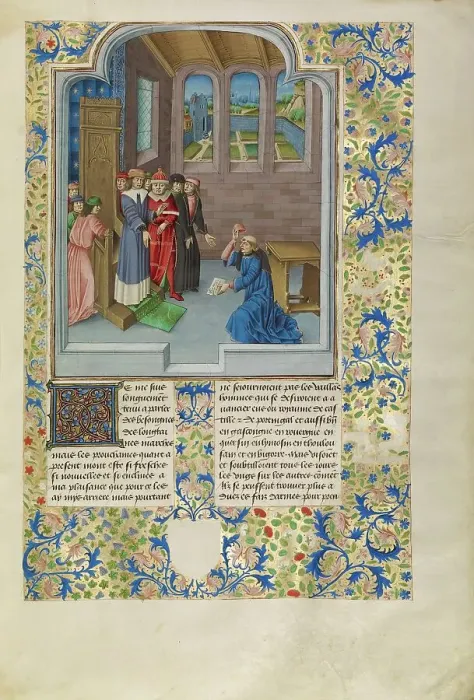 Framed Print : Froissart Kneeling before Gaston Phebus, Count of Foix, c1360s; about 1480-1483. Creator: Master of the Soane Josephus Framed Print : Froissart Kneeling before Gaston Phebus, Count of Foix, c1360s; about 1480-1483. Creator: Master of the Soane Josephus