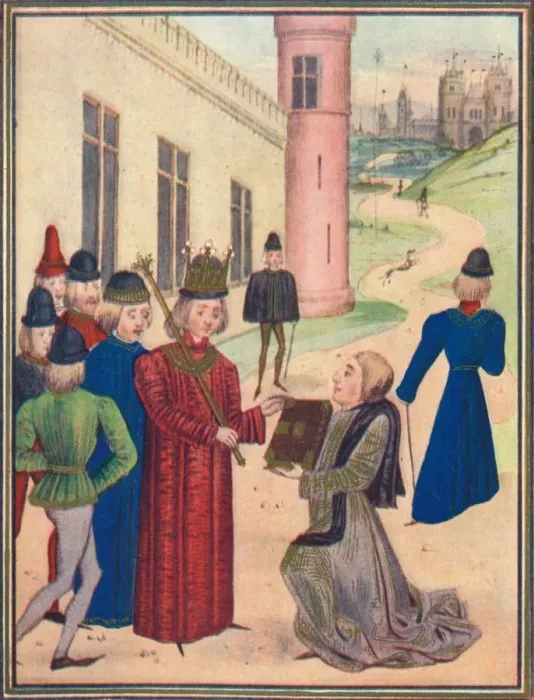 Framed Print : Froissart presenting his book of love poems to Richard II in 1395, 1905 Framed Print : Froissart presenting his book of love poems to Richard II in 1395, 1905