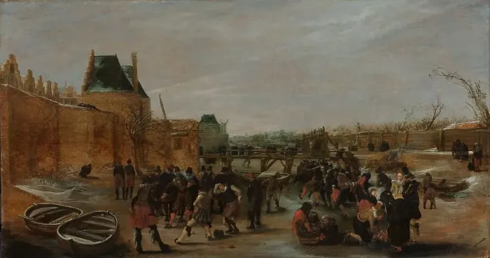 Framed Print : Frolicking on a Frozen Canal in a Town, c.1615-c.1620. Creator: Unknown Framed Print : Frolicking on a Frozen Canal in a Town, c.1615-c.1620. Creator: Unknown
