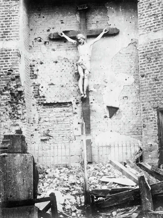 Framed Print : Fromelles - Uninjured figure in wrecked church, 29 July 1915. Creator: Bain News Service Framed Print : Fromelles - Uninjured figure in wrecked church, 29 July 1915. Creator: Bain News Service
