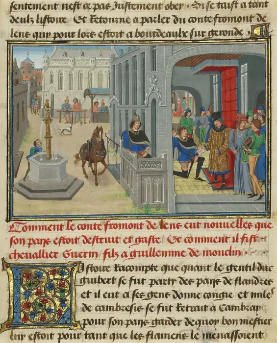 Framed Print : Fromont de Lens Receiving News of the Devastation of his Land, written 1463-65; illuminated 1467-72. Creators: Loyset Liedet, Pol Fruit Framed Print : Fromont de Lens Receiving News of the Devastation of his Land, written 1463-65; illuminated 1467-72. Creators: Loyset Liedet, Pol Fruit