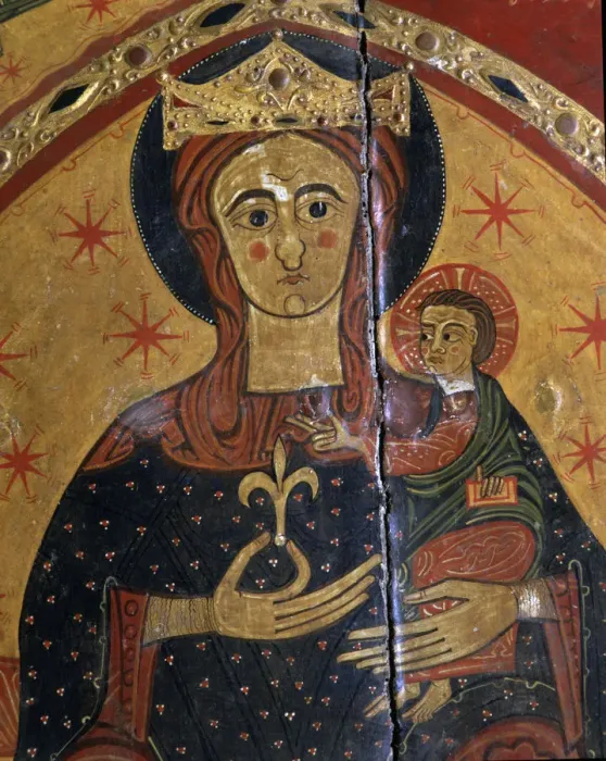 Framed Print : Frontal of Coll, panel painting, detail of the Virgin and Child, from the sanctuary Framed Print : Frontal of Coll, panel painting, detail of the Virgin and Child, from the sanctuary