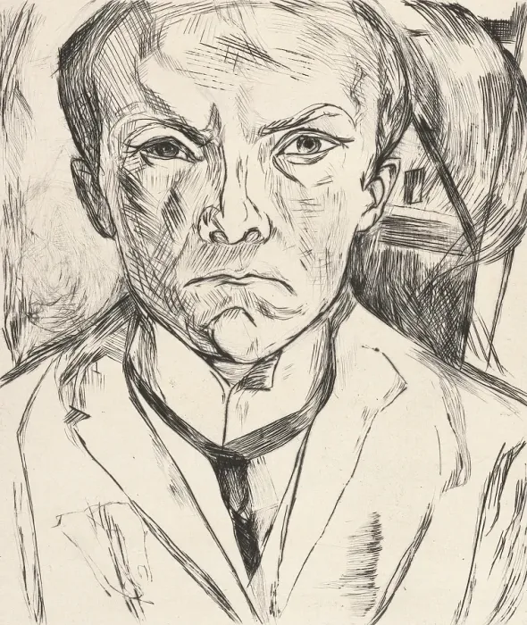 Framed Print : Frontal Self-Portrait with House Gable in Background (Selbstbildnis von vorn, im Hintergrund...1918 Creator: Max Beckmann) Framed Print : Frontal Self-Portrait with House Gable in Background (Selbstbildnis von vorn, im Hintergrund...1918 Creator: Max Beckmann)