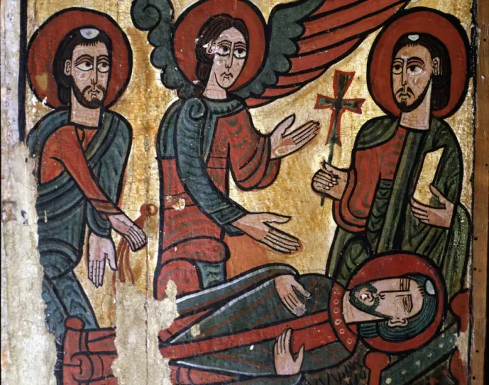 Framed Print : Frontal of St. Martin of Tours, detail of the saints death, tempera on wood Framed Print : Frontal of St. Martin of Tours, detail of the saints death, tempera on wood
