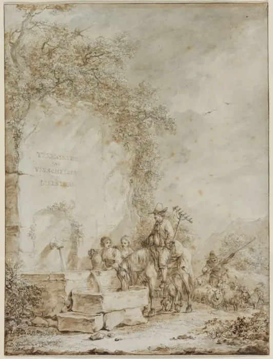 Framed Print : Frontispiece for an Album of Drawings: Peasants at a Fountain, 1784. Creator: Dirk Langendijk Framed Print : Frontispiece for an Album of Drawings: Peasants at a Fountain, 1784. Creator: Dirk Langendijk