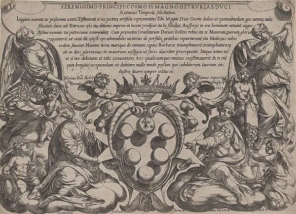 Frontispiece to The Battles of the Old Testament with the arms of the Medici Crowned by