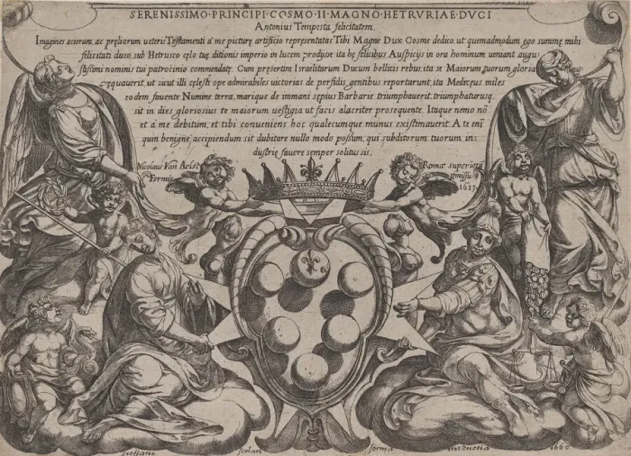 Framed Print : Frontispiece to The Battles of the Old Testament with the arms of the Medici Crowned by Framed Print : Frontispiece to The Battles of the Old Testament with the arms of the Medici Crowned by