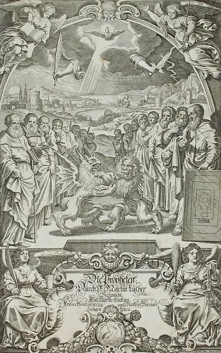 Framed Print : Frontispiece to the Book of Prophets, 17th century. Creator: Matthaus Merian Framed Print : Frontispiece to the Book of Prophets, 17th century. Creator: Matthaus Merian