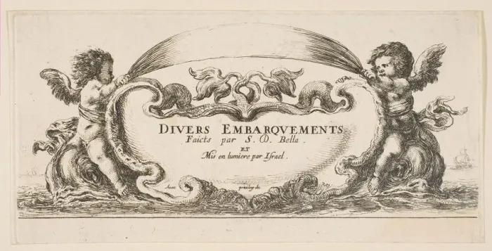 Framed Print : Frontispiece: cartouche at center, putti on either side riding on dolphins, from V Framed Print : Frontispiece: cartouche at center, putti on either side riding on dolphins, from V