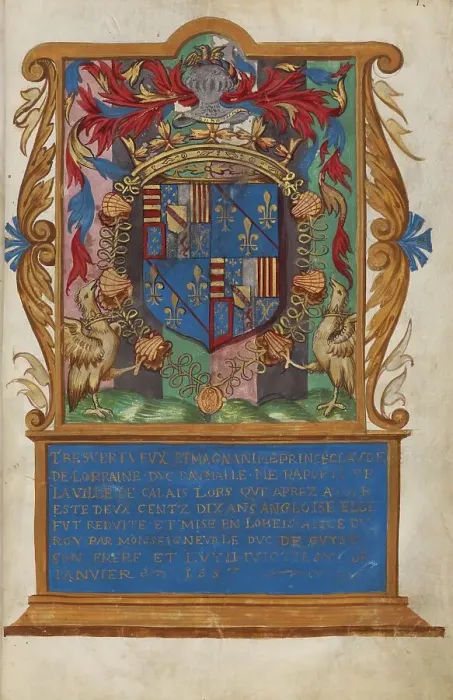 Framed Print : Frontispiece with Coat of Arms of Claude de Lorraine, Duc d'Aumale, about 1557. Creator: Unknown Framed Print : Frontispiece with Coat of Arms of Claude de Lorraine, Duc d'Aumale, about 1557. Creator: Unknown