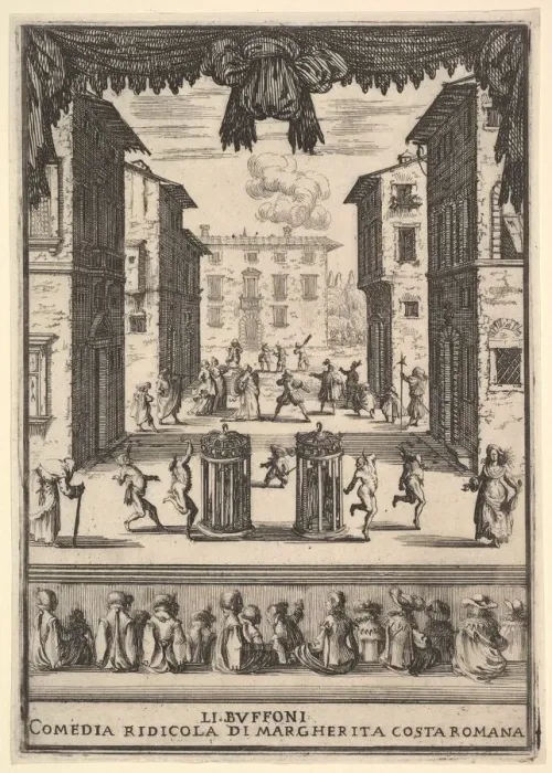 Framed Print : Frontispiece for the comedy The Buffoons (Li Buffoni), a set on stage resembling a pu Framed Print : Frontispiece for the comedy The Buffoons (Li Buffoni), a set on stage resembling a pu