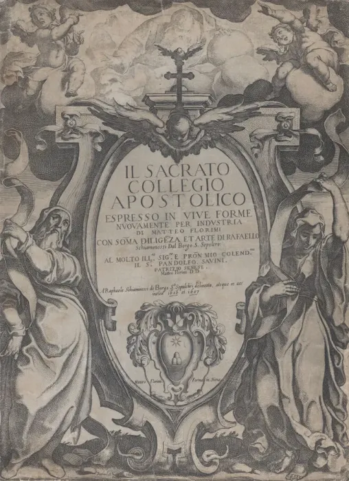 Framed Print : Frontispiece with two figures holding scrolls and cherubs flanking the cartouche at cen