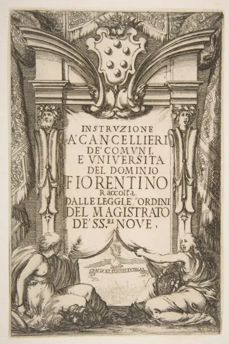 Framed Print : Frontispiece for the Instruzione a Cancellieri, 1635. Creator: Stefano della Bella Framed Print : Frontispiece for the Instruzione a Cancellieri, 1635. Creator: Stefano della Bella