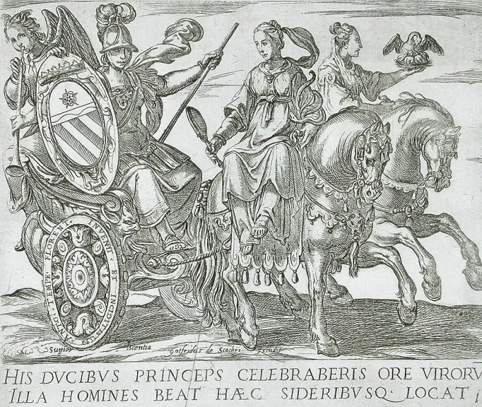 Framed Print : Frontispiece with Minerva in a Chariot Driven by Prudence and Charity (Horses of Different...), 1590 Creator: Antonio Tempesta Framed Print : Frontispiece with Minerva in a Chariot Driven by Prudence and Charity (Horses of Different...), 1590 Creator: Antonio Tempesta