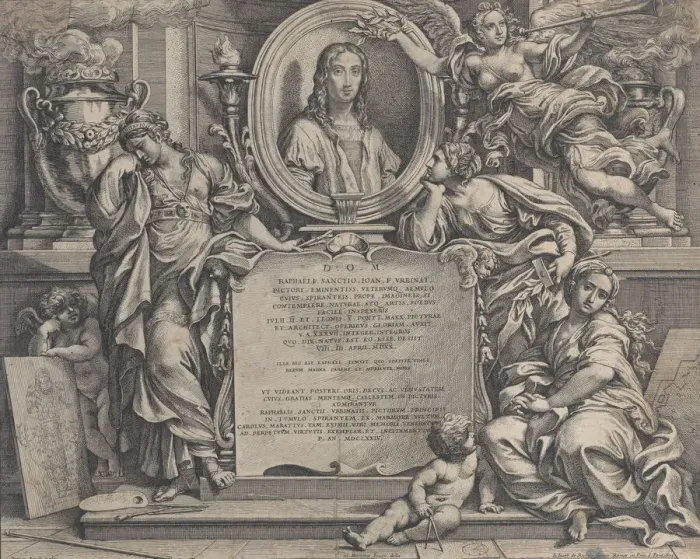 Framed Print : Frontispiece with oval portrait of Raphael, with three allegorical figures of the Arts Framed Print : Frontispiece with oval portrait of Raphael, with three allegorical figures of the Arts