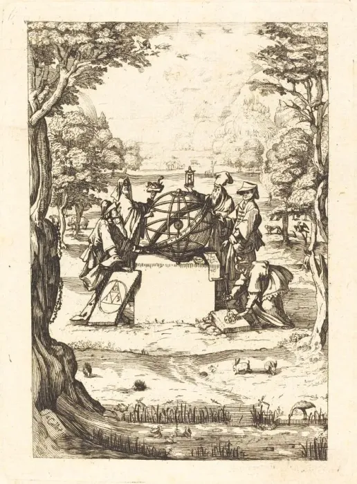 Framed Print : Frontispiece for the Sacred Cosmologia (Title with Astrologers). Creator: Unknown Framed Print : Frontispiece for the Sacred Cosmologia (Title with Astrologers). Creator: Unknown