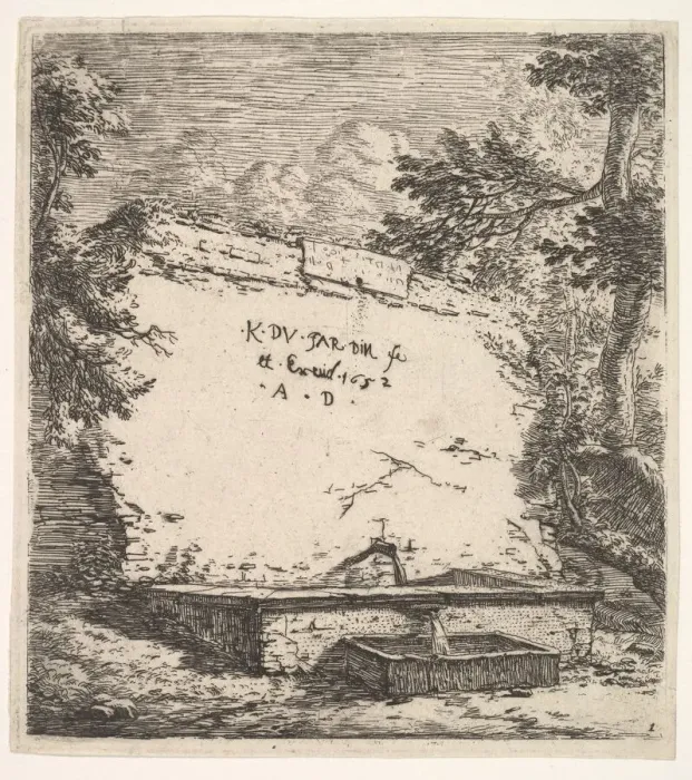 Framed Print : Frontispiece with stepped fountain; a stone wall with water spout pouring water into a Framed Print : Frontispiece with stepped fountain; a stone wall with water spout pouring water into a