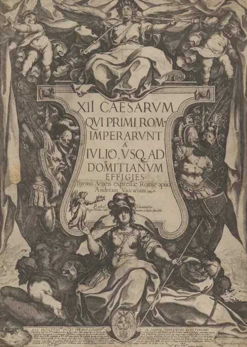 Framed Print : Frontispiece with a trumpeter sounding trumpets seated on top of a cartouche flanked by Framed Print : Frontispiece with a trumpeter sounding trumpets seated on top of a cartouche flanked by