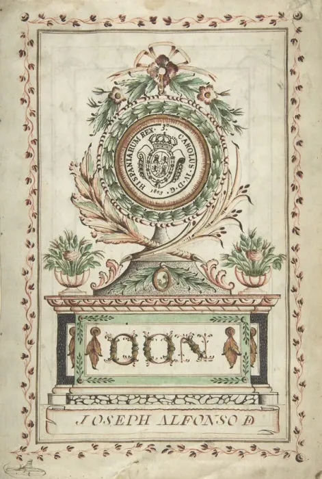Framed Print : Frontispiece with Vegetal Medallion and Latin Dedication surrounding a Coat of Framed Print : Frontispiece with Vegetal Medallion and Latin Dedication surrounding a Coat of
