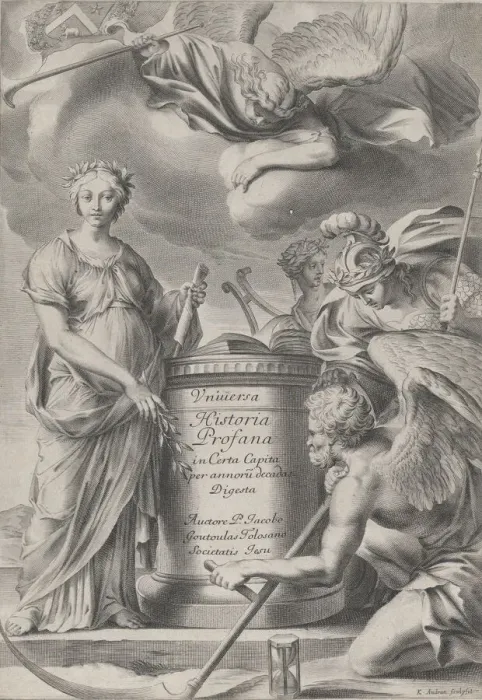 Framed Print : Frontispiece for Vnuiersa Historia Profana, ca. 1630-70. Creator: Charles Audran Framed Print : Frontispiece for Vnuiersa Historia Profana, ca. 1630-70. Creator: Charles Audran
