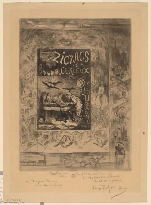 Framed Print : Frontispiece for Zigzags d un Curieux, d Octave Uzanne, 1888 Framed Print : Frontispiece for Zigzags d un Curieux, d Octave Uzanne, 1888