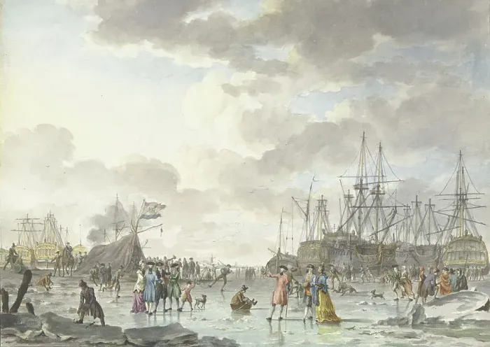 Framed Print : Frost Fair on a Frozen River with Ships, 1773. Creator: Hendrik Kobell Framed Print : Frost Fair on a Frozen River with Ships, 1773. Creator: Hendrik Kobell