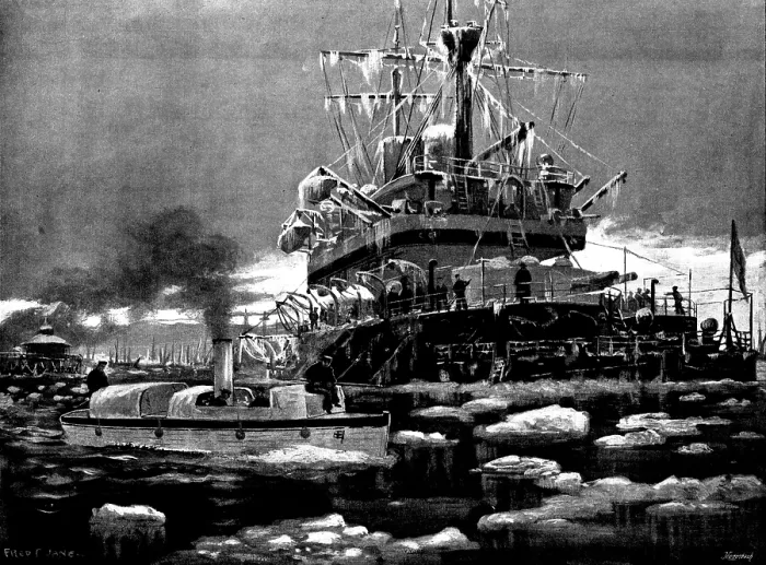 Framed Print : Frost, Snow, and Ice on the Medway: Sheerness Harbour after a blizzard, 1895. Creator: George Meisenbach Framed Print : Frost, Snow, and Ice on the Medway: Sheerness Harbour after a blizzard, 1895. Creator: George Meisenbach