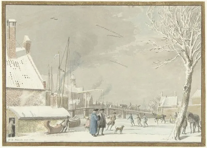 Framed Print : Frozen city canal with skaters, 1769. Creator: Cornelis van Noorde Framed Print : Frozen city canal with skaters, 1769. Creator: Cornelis van Noorde