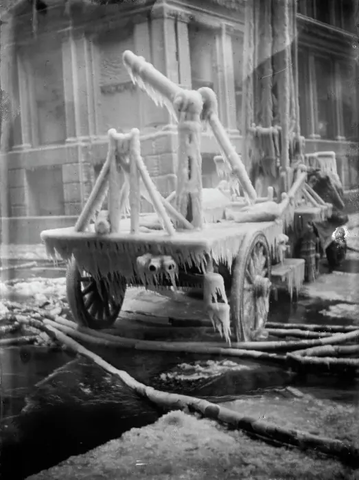 Framed Print : Frozen fire apparatus, Equitable fire, 1912. Creator: Bain News Service Framed Print : Frozen fire apparatus, Equitable fire, 1912. Creator: Bain News Service