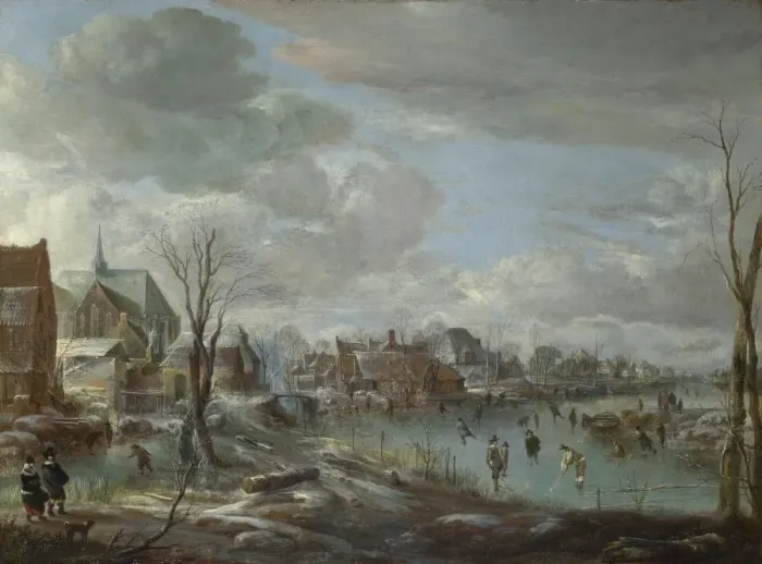 Framed Print : A Frozen River near a Village, with Golfers and Skaters, c. 1647-1648. Artist: Neer, Aert, van der (1603-1677) Framed Print : A Frozen River near a Village, with Golfers and Skaters, c. 1647-1648. Artist: Neer, Aert, van der (1603-1677)