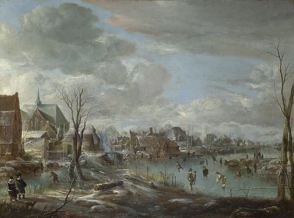 A Frozen River near a Village, with Golfers and Skaters, c. 1647-1648. Artist: Neer, Aert, van der (1603-1677)