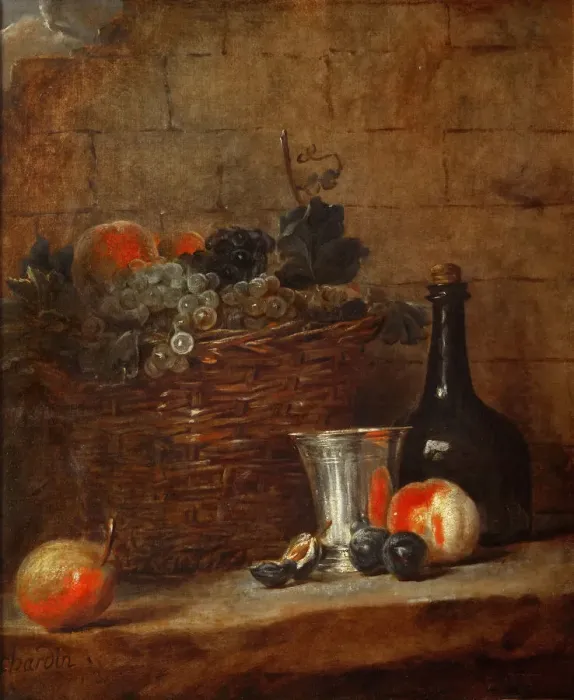 Framed Print : Fruit Basket with Grapes, a Silver Goblet and a Bottle, Peaches, Plums, and a Pear. Artist: Chardin, Jean-Baptiste Simeon (1699-1779) Framed Print : Fruit Basket with Grapes, a Silver Goblet and a Bottle, Peaches, Plums, and a Pear. Artist: Chardin, Jean-Baptiste Simeon (1699-1779)