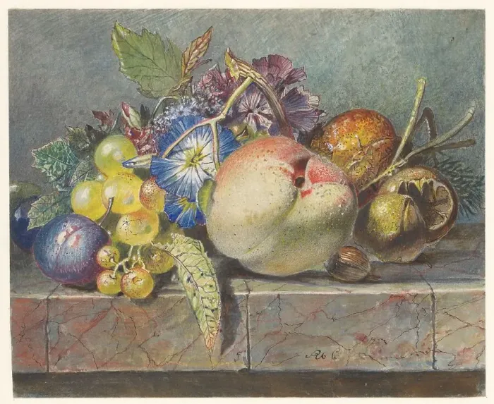 Framed Print : Fruit and floral still life, 1824-1900. Creator: Albertus Steenbergen Framed Print : Fruit and floral still life, 1824-1900. Creator: Albertus Steenbergen