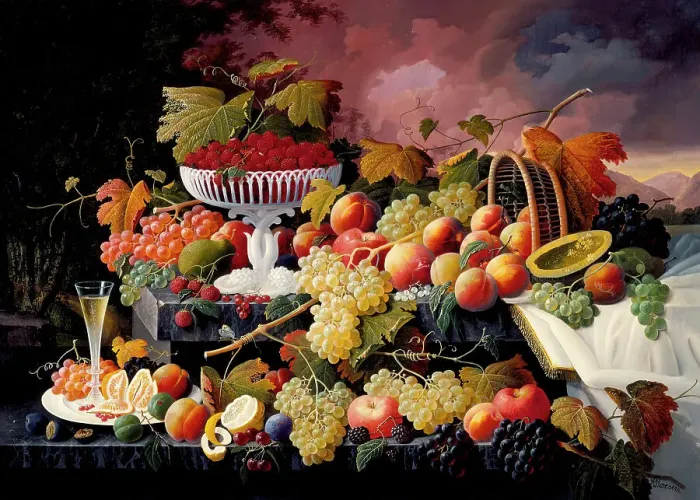 Framed Print : Fruit Still Life in a Landscape, between c1862 and c1872. Creator: Severin Roesen Framed Print : Fruit Still Life in a Landscape, between c1862 and c1872. Creator: Severin Roesen