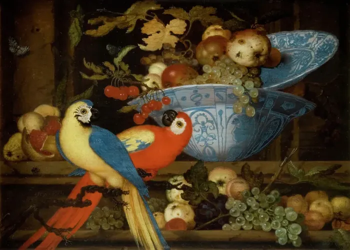Framed Print : Fruit Still Life with Two Parrots, 1623. Creator: Balthasar van der Ast Framed Print : Fruit Still Life with Two Parrots, 1623. Creator: Balthasar van der Ast