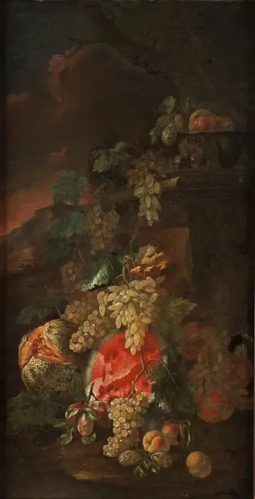 Framed Print : Fruit Piece with a Landscape Background. Creator: Giovanni Paolo Spadino Framed Print : Fruit Piece with a Landscape Background. Creator: Giovanni Paolo Spadino