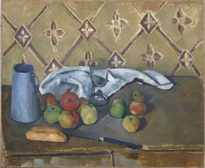 Framed Print : Fruit, Serviette and Milk Jug. Artist: Cezanne, Paul (1839-1906) Framed Print : Fruit, Serviette and Milk Jug. Artist: Cezanne, Paul (1839-1906)