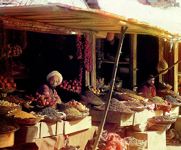 Fruit stand, Samarkand, between 1905 and 1915. Creator: Sergey Mikhaylovich Prokudin-Gorsky