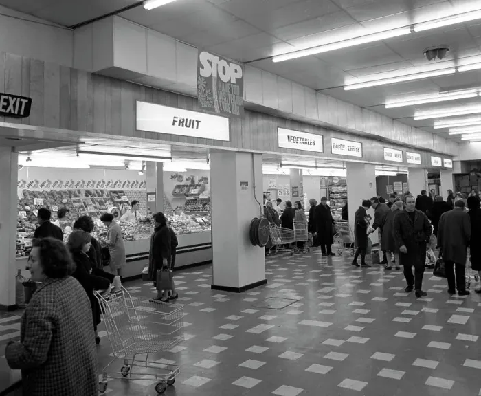 Framed Print : Fruit and veg counter and cold counter, ASDA supermarket, Rotherham, South Yorkshire, 1969 Framed Print : Fruit and veg counter and cold counter, ASDA supermarket, Rotherham, South Yorkshire, 1969