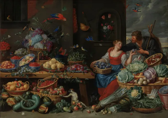 Framed Print : Fruit and Vegetable Market with a Young Fruit Seller, 1650-1660. Creator: Jan van Kessel Framed Print : Fruit and Vegetable Market with a Young Fruit Seller, 1650-1660. Creator: Jan van Kessel