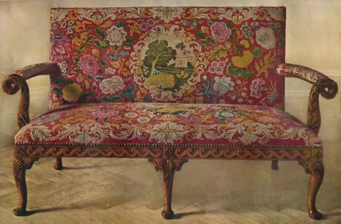 Framed Print : Fruit Wood Settee with Embroidery, Early 18th Century, (1929) Framed Print : Fruit Wood Settee with Embroidery, Early 18th Century, (1929)