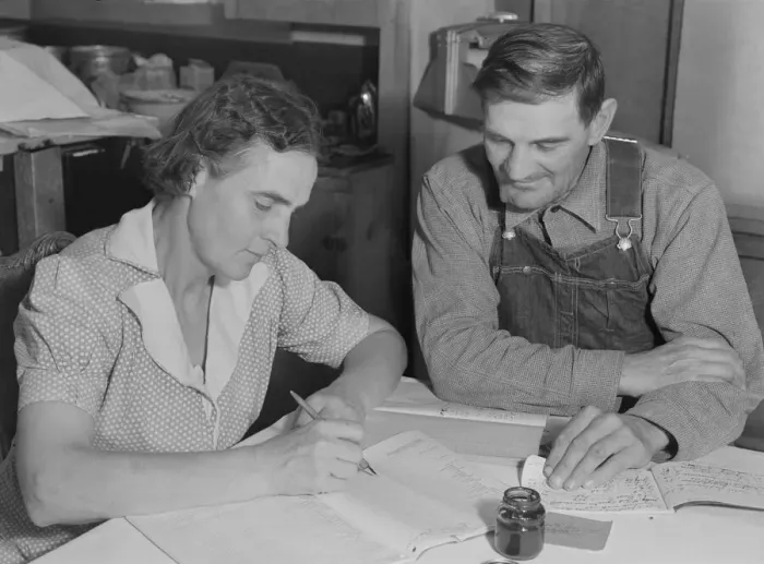 Framed Print : FSA borrowers on new farm keep account of their loan, Dead Ox Flat, Malheur County, Oregon, 1939. Creator: Dorothea Lange Framed Print : FSA borrowers on new farm keep account of their loan, Dead Ox Flat, Malheur County, Oregon, 1939. Creator: Dorothea Lange