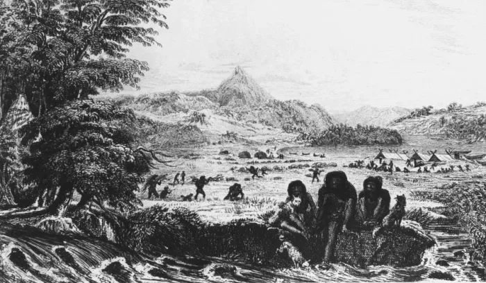 Framed Print : Fuegians at Woollya, with the Fitzroy expeditions camp in the background, 1831 (1839) Framed Print : Fuegians at Woollya, with the Fitzroy expeditions camp in the background, 1831 (1839)