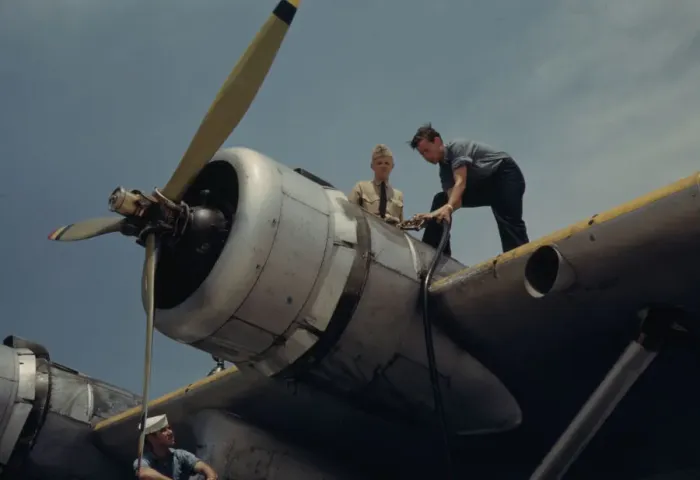Framed Print : Fueling a plane at the Naval Air Base, Corpus Christi, Texas, 1942. Creator: Howard Hollem Framed Print : Fueling a plane at the Naval Air Base, Corpus Christi, Texas, 1942. Creator: Howard Hollem