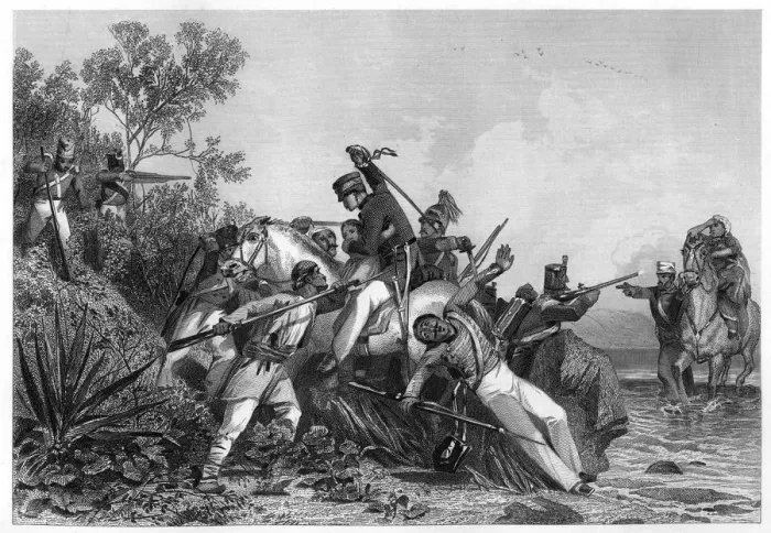 Framed Print : Fugitive British officers and their families attacked by mutineers, 1857, (c1860) Framed Print : Fugitive British officers and their families attacked by mutineers, 1857, (c1860)