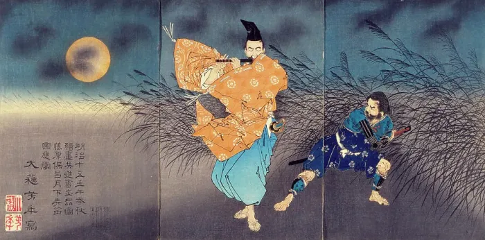 Framed Print : Fujiwara no Yasumasa Playing the Flute by Moonlight, 1883. Creator: Tsukioka Yoshitoshi Framed Print : Fujiwara no Yasumasa Playing the Flute by Moonlight, 1883. Creator: Tsukioka Yoshitoshi