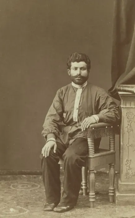 Framed Print : Full-length portrait of Armenian man, seated, facing front, between 1870 and 1886. Creator: Unknown Framed Print : Full-length portrait of Armenian man, seated, facing front, between 1870 and 1886. Creator: Unknown
