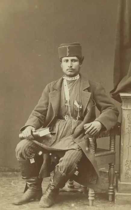 Framed Print : Full-length portrait of Persian man, seated, facing front, between 1870 and 1886. Creator: Unknown Framed Print : Full-length portrait of Persian man, seated, facing front, between 1870 and 1886. Creator: Unknown