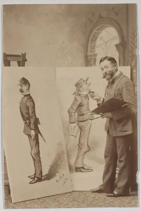 Framed Print : Full-length Portrait of Thomas Nast with Two Caricatures, ca. 1888. ca. 1888 Framed Print : Full-length Portrait of Thomas Nast with Two Caricatures, ca. 1888. ca. 1888