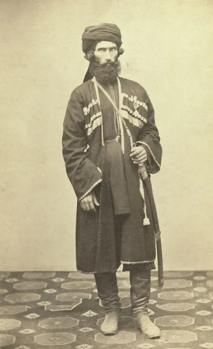 Framed Print : Full-length portrait of Transcaucasian man, standing, facing front, between 1870 and 1886. Creator: Unknown Framed Print : Full-length portrait of Transcaucasian man, standing, facing front, between 1870 and 1886. Creator: Unknown